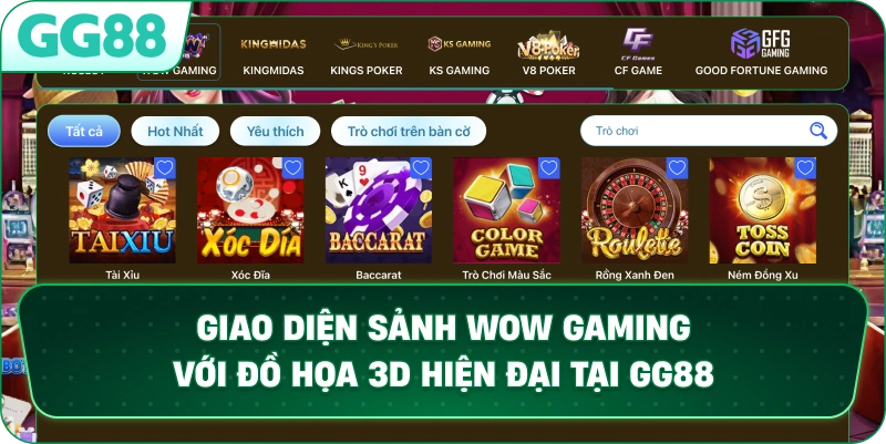 Giao diện sảnh WOW GAMING với đồ họa 3D hiện đại tại GG88.